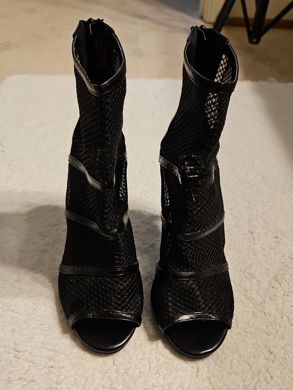 Nicole Miller Black Mesh Peep-Toe Mid-Calf Heels